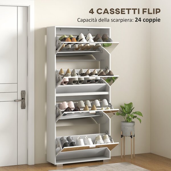 HOMCOM Mobile Scarpiera Salvaspazio Slim con Specchio e 4 Cassetti su 3 livelli per 24 Paia di Scarpe, 76x26x178cm, Bianco | Aosom Italy