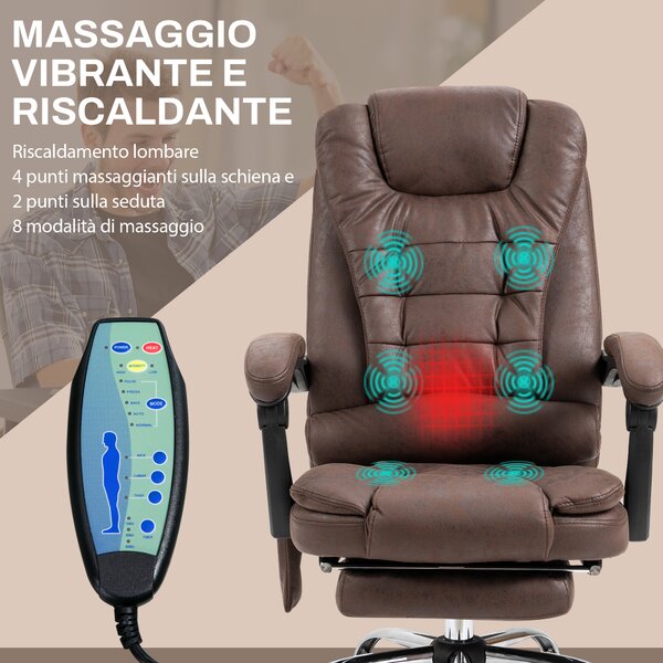 Vinsetto Poltrona da Ufficio Massaggiante con Riscaldamento, Reclinazione e Altezza Regolabile, Marrone|Aosom