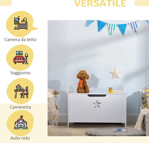 HOMCOM Cassapanca Contenitore in Legno con Coperchio per Bambini, Cerniera di Sicurezza e Maniglie Intagliate, 62x40x46.5cm, Bianco| Aosom Italy