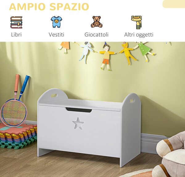 HOMCOM Cassapanca Contenitore in Legno con Coperchio per Bambini, Cerniera di Sicurezza e Maniglie Intagliate, 62x40x46.5cm, Bianco| Aosom Italy