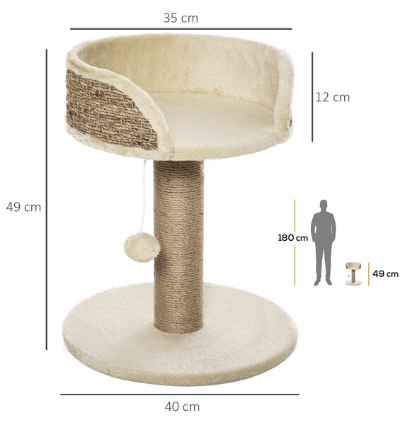 PawHut Albero Tiragraffi per Gatti con Lettino, Palo in Juta e Pallina Appesa, 40x40x49cm, Beige|Aosom