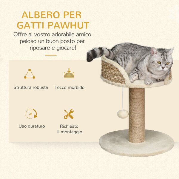 PawHut Albero Tiragraffi per Gatti con Lettino, Palo in Juta e Pallina Appesa, 40x40x49cm, Beige|Aosom