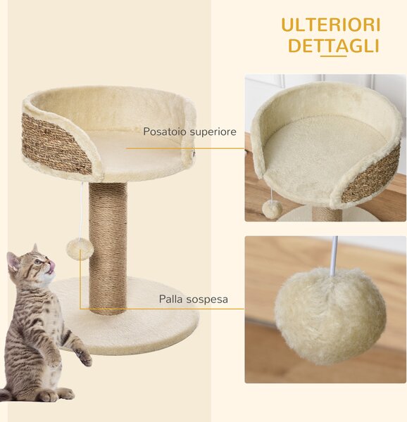 PawHut Albero Tiragraffi per Gatti con Lettino, Palo in Juta e Pallina Appesa, 40x40x49cm, Beige|Aosom