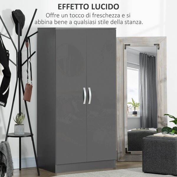 HOMCOM Guardaroba a 2 Ante in Pannelli di Truciolato con Asta, Design Antiribaltamento, 76x47x160 cm, Grigio|Aosom