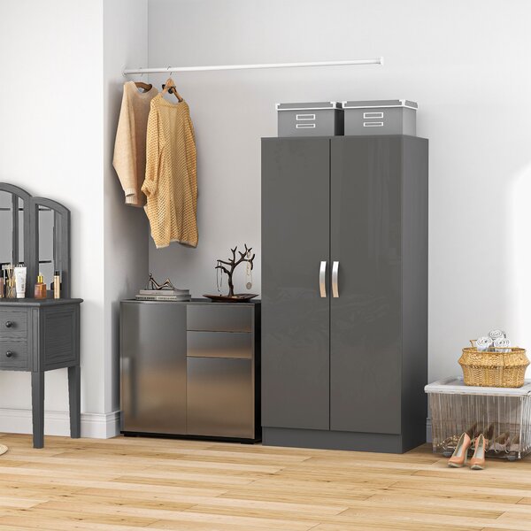 HOMCOM Guardaroba a 2 Ante in Pannelli di Truciolato con Asta, Design Antiribaltamento, 76x47x160 cm, Grigio|Aosom