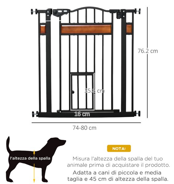 PawHut Cancellino per Cani con Fissaggio a Pressione, Barriera di Sicurezza Estensibile da 74-80cm con Chiusura Automatica, Nero|Aosom
