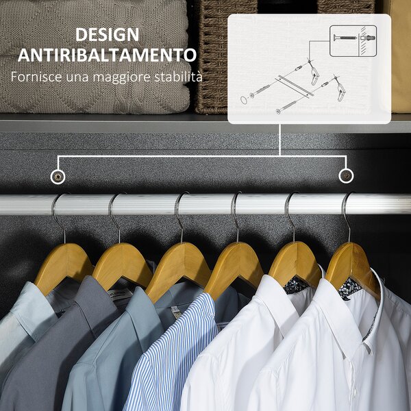 HOMCOM Guardaroba a 2 Ante in Pannelli di Truciolato con Asta, Design Antiribaltamento, 76x47x160 cm, Grigio|Aosom