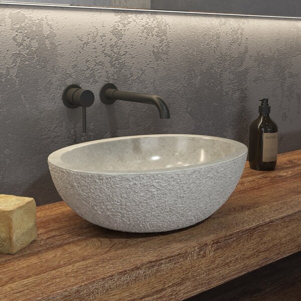 Kamalu lavabo bagno in marmo bocciardato colore crema 45cm litos-lbc40