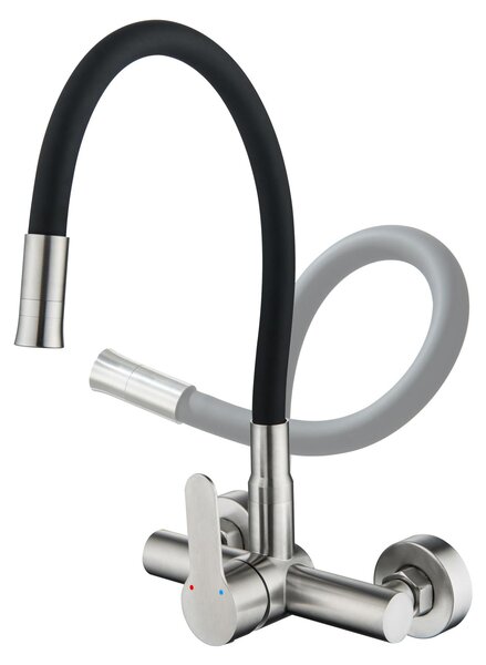 Miscelatore da cucina da montare a parete, con bocchetta flessibile a 360°, disponibile in finitura nickel e nero, ideale per la cucina