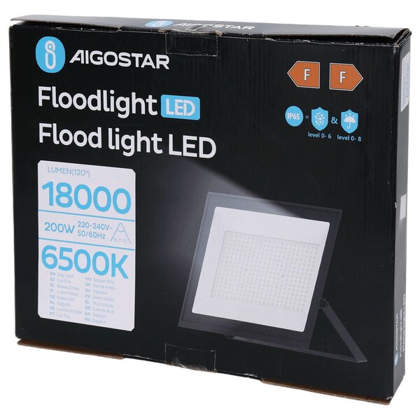 Faro proiettore Led Slim 200W Nero da esterno IP65 Bianco freddo 6500K Aigostar