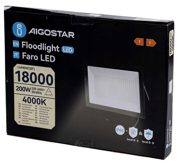 Faro proiettore Led Slim 200W Nero da esterno IP65 Bianco neutro 4000K Aigostar