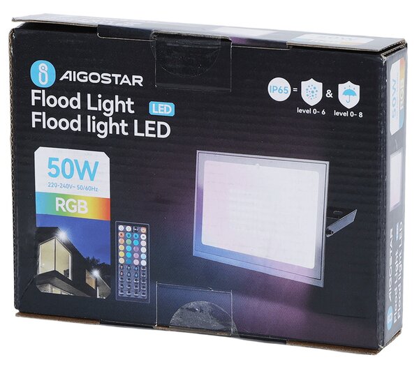 Faro proiettore Led Seven 50W Nero da esterno IP65 RGB luce regolabile e dimmerabile con telecomando Aigostar