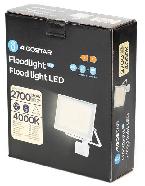 Faro proiettore Led Slim 30W Bianco da esterno IP65 Bianco neutro 4000K con sensore crepuscolare e di movimento Aigostar