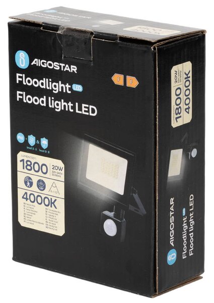 Faro proiettore Led Slim 20W Nero da esterno IP65 Bianco neutro 4000K con sensore crepuscolare e di movimento Aigostar