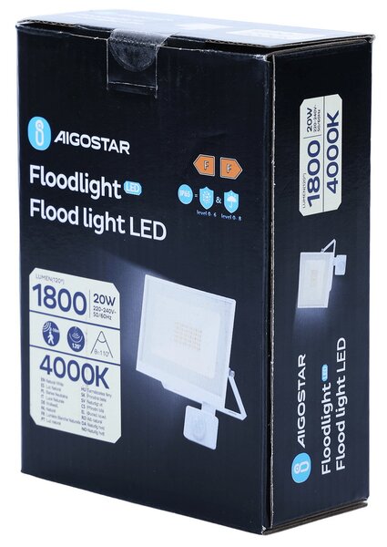 Faro proiettore Led Slim 20W Bianco da esterno IP65 Bianco neutro 4000K con sensore crepuscolare e di movimento Aigostar