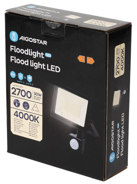 Faro proiettore Led Slim 30W Nero da esterno IP65 Bianco neutro 4000K con sensore crepuscolare e di movimento Aigostar