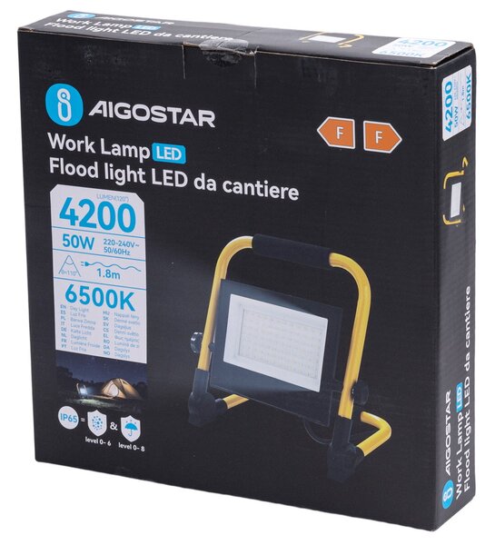 Faro Led da lavoro portatile 50W Nero e giallo IP65 Bianco freddo 6500K Aigostar