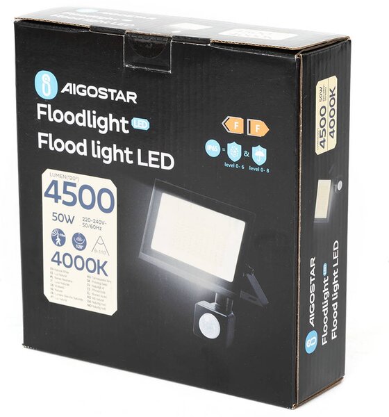 Faro proiettore Led Slim 50W Nero da esterno IP65 Bianco neutro 4000K con sensore crepuscolare e di movimento Aigostar