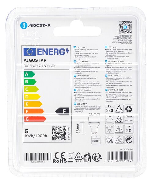 Faretto Led GU10 4,9W COB Apertura 63 gradi Bianco freddo 6500K Aigostar