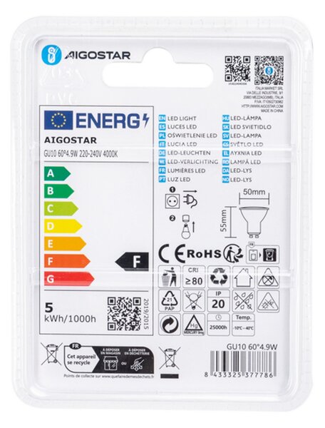 Faretto Led GU10 4,9W COB Apertura 63 gradi Bianco neutro 4000K Aigostar