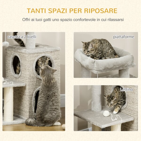 PawHut Tiragraffi per Gatti da 5kg max con Lettino e Pallina da Gioco, in Truciolato, Peluche e Corda di Sisal, 60x40x91 cm, Grigio|Aosom