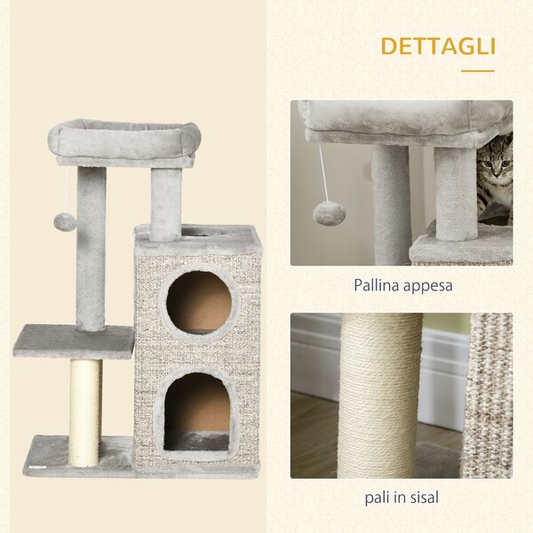 PawHut Tiragraffi per Gatti da 5kg max con Lettino e Pallina da Gioco, in Truciolato, Peluche e Corda di Sisal, 60x40x91 cm, Grigio|Aosom