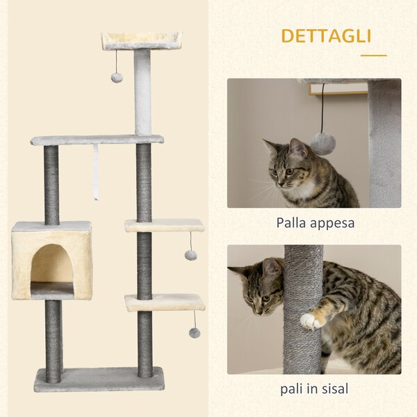 PawHut Tiragraffi per Gatti Alto 156cm con Lettino, Casetta e Pali Tiragraffi in Sisal|Aosom