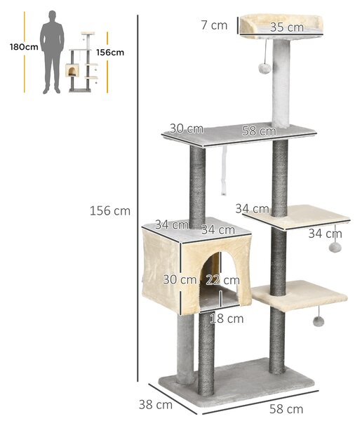 PawHut Tiragraffi per Gatti Alto 156cm con Lettino, Casetta e Pali Tiragraffi in Sisal|Aosom