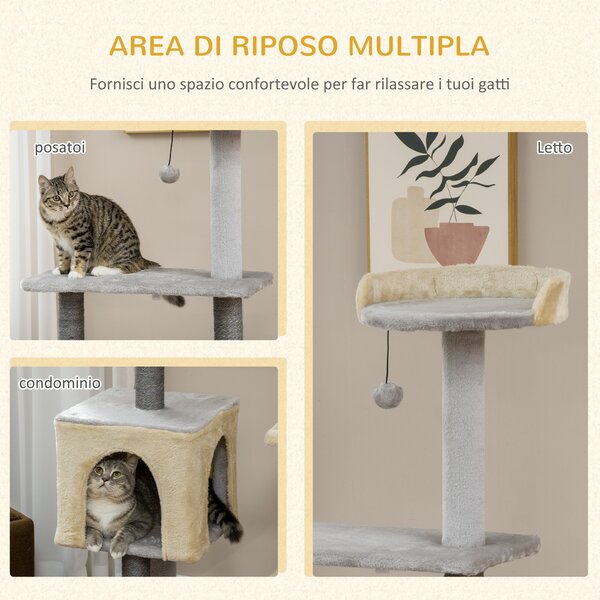 PawHut Tiragraffi per Gatti Alto 156cm con Lettino, Casetta e Pali Tiragraffi in Sisal|Aosom