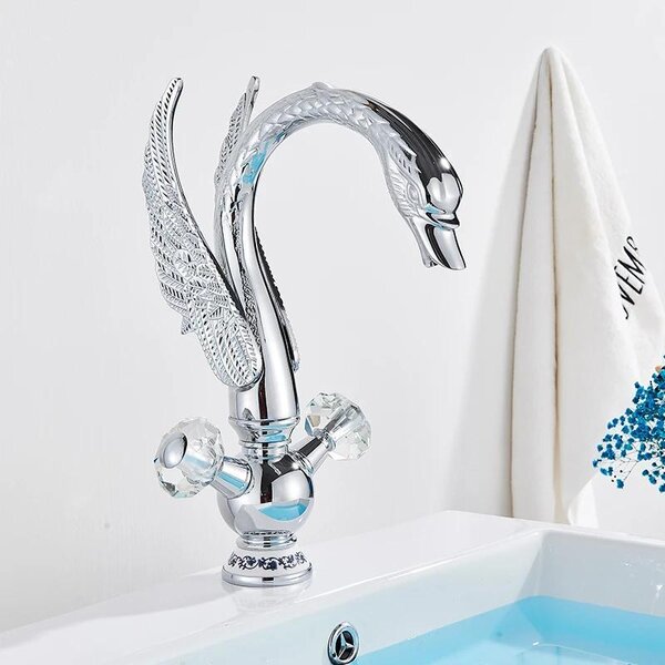 Miscelatore per lavabo a forma di cigno - Rubinetto per lavabo - A due manopole - Bocchetta a cascata - Montaggio monoblocco - Ottone - Cromato