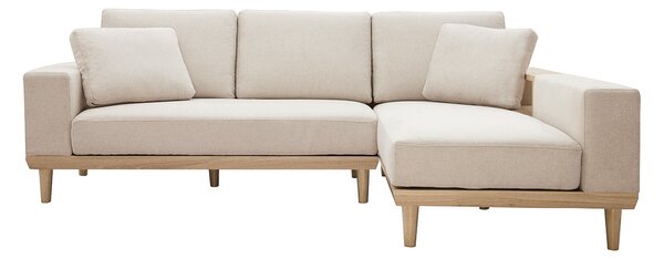 Divano angolare destro 5 posti con mensole tessuto effetto velluto testurizzato beige e legno chiaro KOMAO