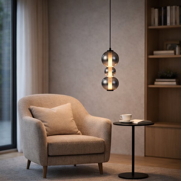 Lampada a sospensione Art Déco nera con vetro fumé e trasparente 3 luci con LED - Lizzy