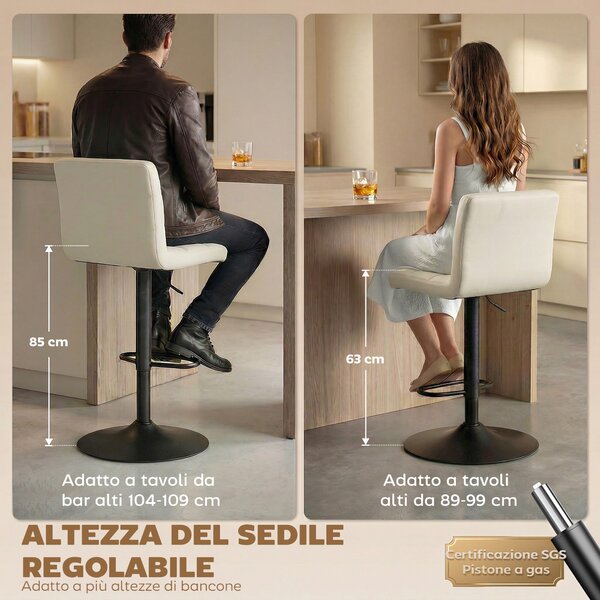 HOMCOM Set 2 Sgabelli da Bar Regolabili con Poggiapiedi, in Pelle PU e Acciaio, 39.5x44x88-110 cm, Crema | Aosom Italy