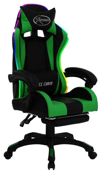 Sedia da Gaming con Luci a LED RGB Verde e Nera in Pelle finta