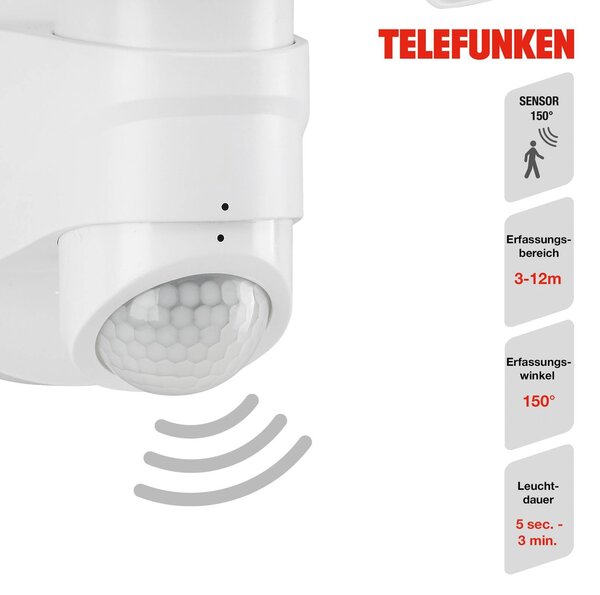 Telefunken Faretto da parete per esterni con sensore LED Bilbao a 2 luci bianco, Bianco / Opale, Plastica, Moderno