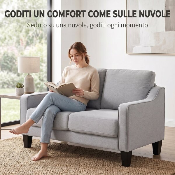 HOMCOM Divano Moderno e Salvaspazio 2 Posti in Tessuto Effetto Lino, 136x77x86 cm, Grigio Chiaro | Aosom Italy