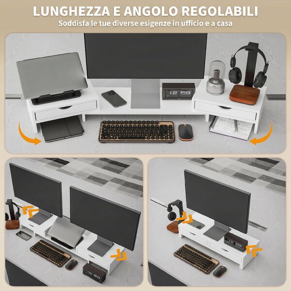 HOMCOM Supporto per Monitor da Scrivania con 2 Cassetti, 3 Spazi Sottostanti, Fino a 14kg, 60-116x22x12 cm, Bianco | Aosom Italy