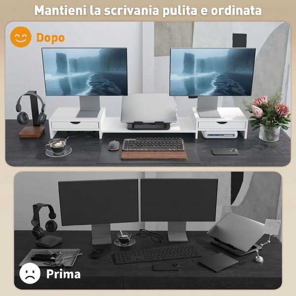 HOMCOM Supporto per Monitor da Scrivania con 2 Cassetti, 3 Spazi Sottostanti, Fino a 14kg, 60-116x22x12 cm, Bianco | Aosom Italy