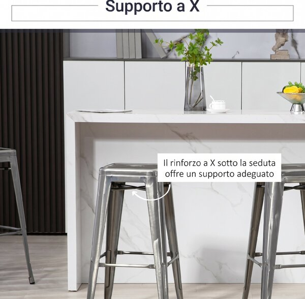 HOMCOM Set 4 Sgabelli Bar Impilabili con Poggiapiedi, Stile Industriale, in Acciaio, per Sala da pranzo, Argento | Aosom Italy