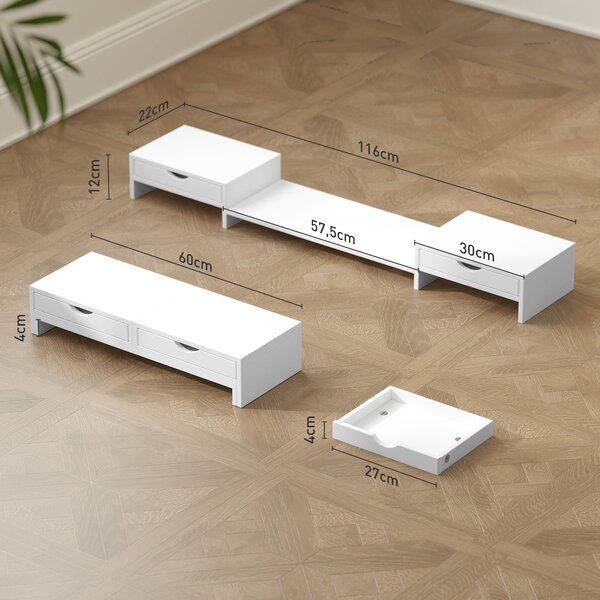 HOMCOM Supporto per Monitor da Scrivania con 2 Cassetti, 3 Spazi Sottostanti, Fino a 14kg, 60-116x22x12 cm, Bianco | Aosom Italy