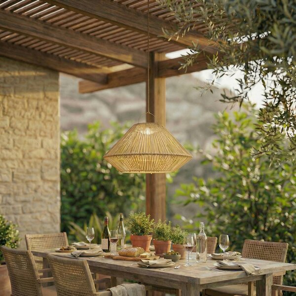 Lampada a sospensione solare LED Lindby Austas, beige, Ø 50 cm, USB, IP54 Austas Lindby, dimmerabile, Crema / Ambra, Plastica, Moderno, Lampade solari