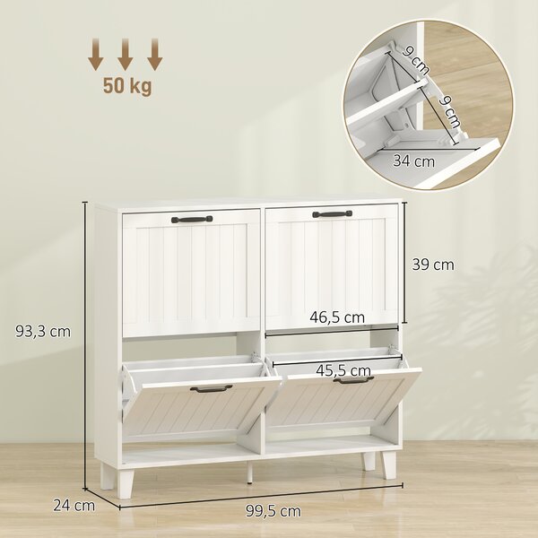 HOMCOM Mobile Scarpe, 4 Cassetti Ribaltabili, Salvaspazio con Ripiani Regolabili, Bianco | Aosom Italy