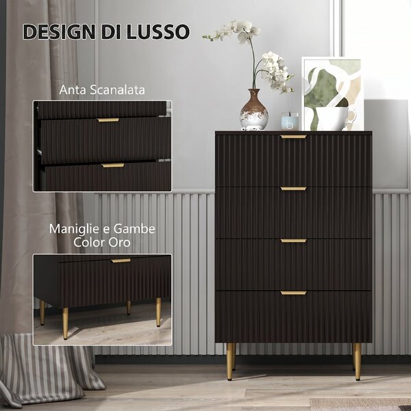 HOMCOM Cassettiera da 4 Cassetti Moderna, Comò con Maniglie Dorate e Dispositivo Antiribaltamento, 60x40x96 cm, Nero | Aosom Italy