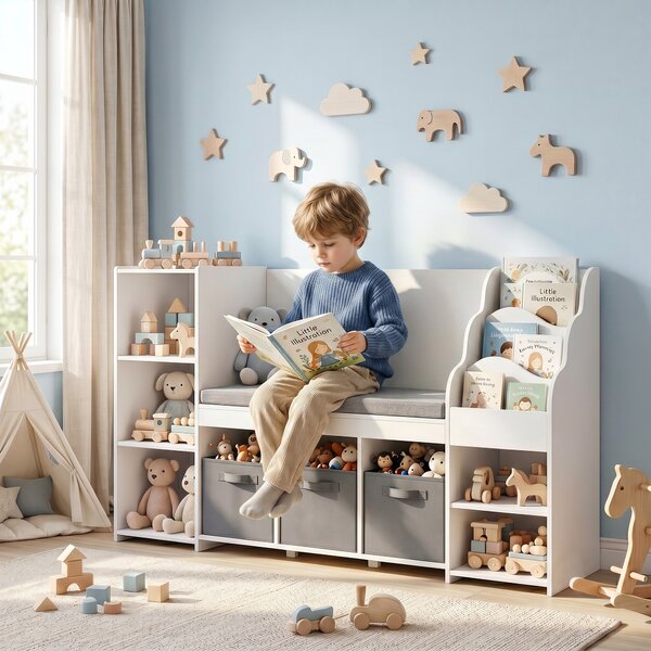 AIYAPLAY Scaffale Portagiochi per Bambini 3-8 Anni con Libreria a 3 Livelli, 3 Cassetti, 4 Scomparti, Cuscino, Bianco | Aosom Italy