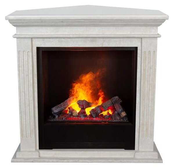 Camino elettrico angolare - Pietra naturale bianca lucida - Potenza: 140 Watt - Montaggio a parete - Camino decorativo
