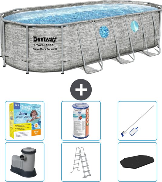 Piscina Bestway Oval Power Steel Swim Vista - stampa su pietra - 549 x 274 x 122 - inclusa pompa - scala - copertura pacchetto manutenzione - filtro - kit pulizia