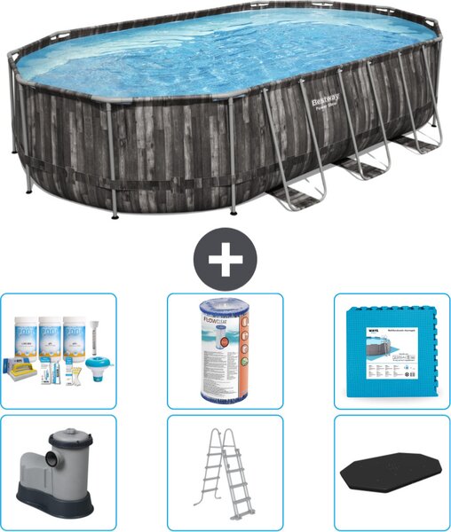 Piscina Bestway Oval Power Steel - 610 x 366 x 122 - Grigio - compresa pompa - scala - pacchetto di manutenzione della copertura - filtro - piastrelle del pavimento
