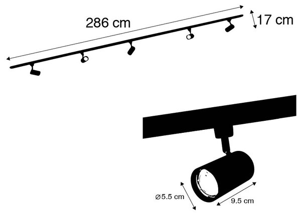 Sistema di illuminazione su binario moderno con 5 faretti in metallo canna di fucile monofase - Iconic Jeana