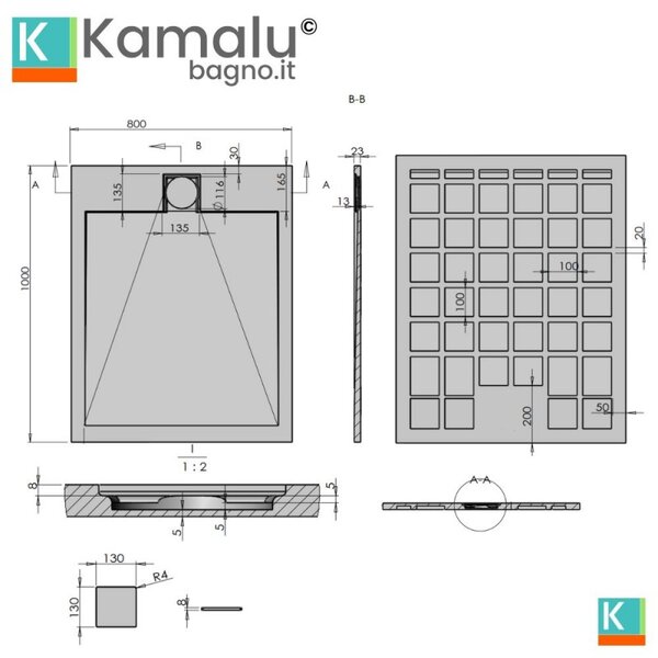 KAMALU - Piatto doccia in resina 80x100 effetto pietra | KR1000