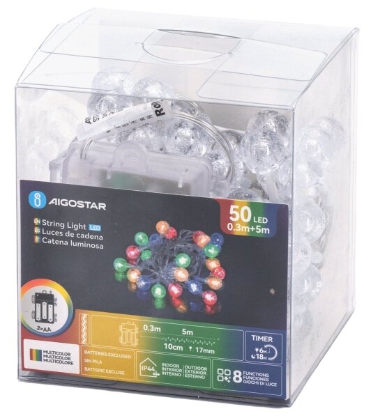 Aigostar - Catena luminosa natalizia LED per esterni 50xLED/8 funzioni 3xAA 5,3m IP44 multicolore